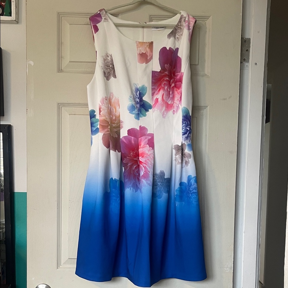 Calvin Klein White Floral to Blue Ombre Midi Dress